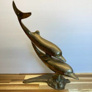 Large Brass Dolphins Whimsical 80s Figurine Vintage Coastal or Beach Home Decor